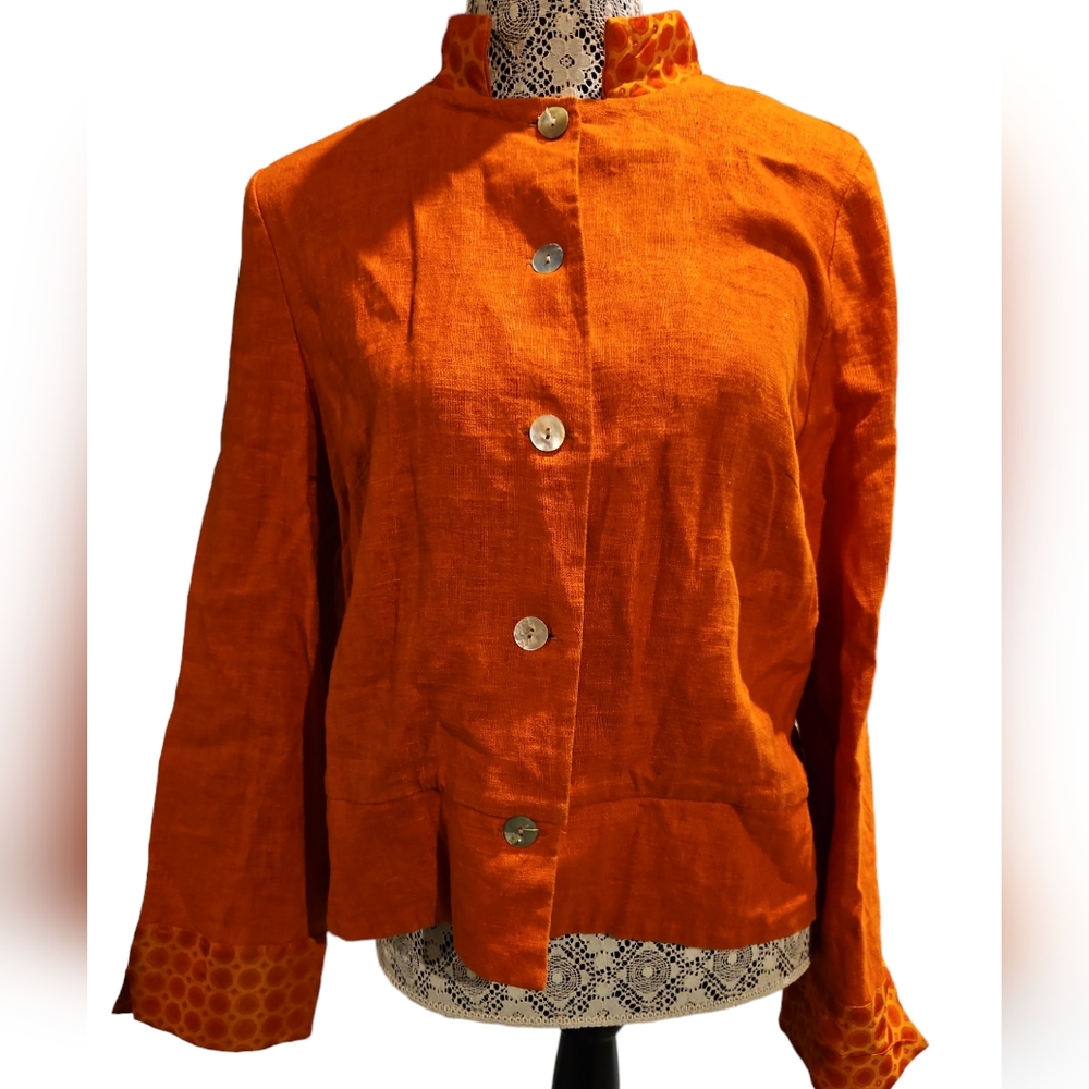 Mandarin Collar Orange Jacket not silk. O would say linen. No tags
